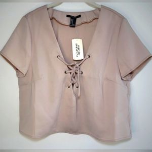 New w tag V neck front tide short sleeve crop top blouse beige sz M